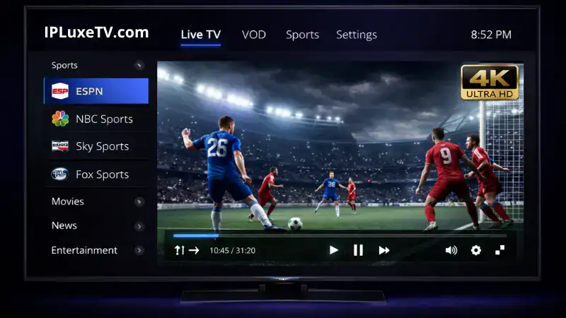 IPLuxeTV interface showing 4K streaming quality on smart TV
