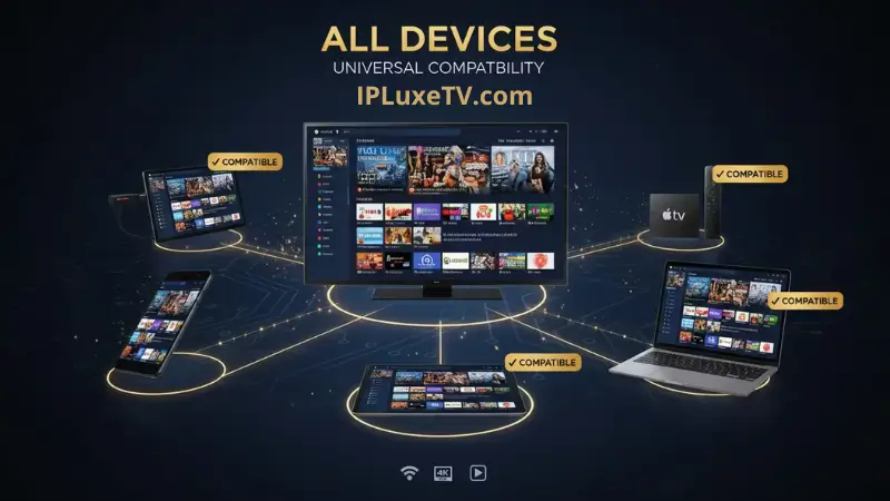 Epix IPTV compatible devices including Firestick, Smart TV, Apple TV, Android, iPhone, and laptop streaming