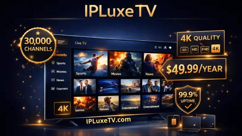 Best IPTV Services 2026: Top 10 Providers Compared 2 IPLuxeTV interface showing 30000 channels 4K streaming quality and pricing plans