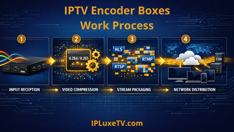 Technical diagram showing IPTV encoder box workflow with 4 stages from input reception to network distribution