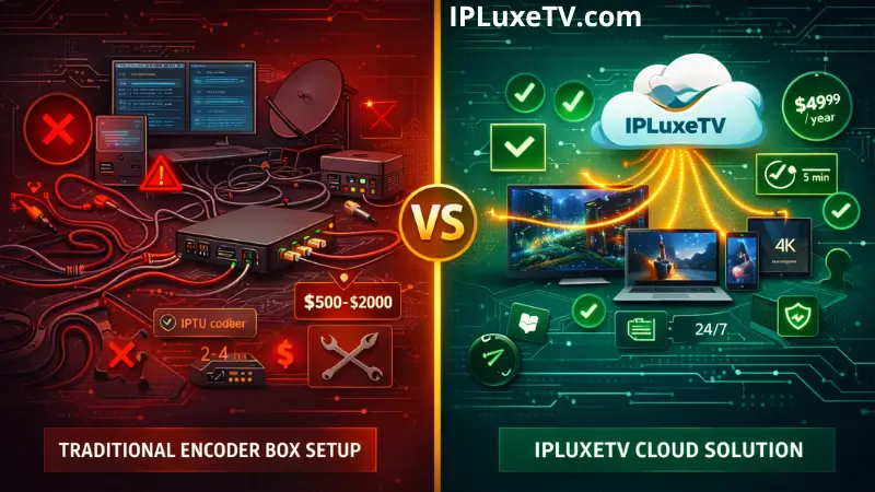 Split-screen comparison showing complex traditional IPTV encoder box setup versus simple IPLuxeTV cloud streaming solution