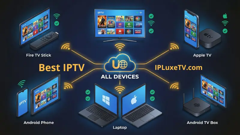 IPTV service compatible with all devices - Fire TV Stick, Smart TV, Apple TV, Android, iOS smartphones, tablets, Windows, Mac computers, and streaming boxes