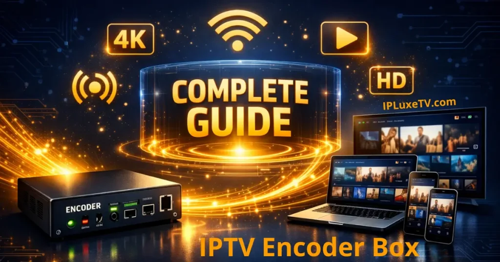 IPTV Encoder Box hardware connected to multiple streaming devices with technology guide illustration