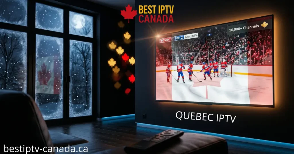 Best IPTV Canada — Quebec IPTV service streaming NHL live on a 4K TV in a Québec living room